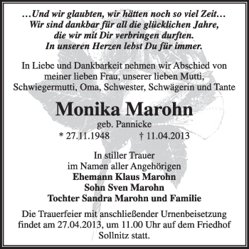 Traueranzeige von Monika Marohn von Super Sonntag Dessau / Köthen