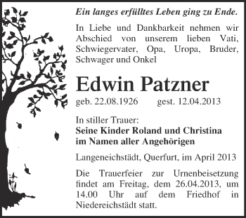 Traueranzeige von Edwin Patzner von WVG - Wochenspiegel Merseburg