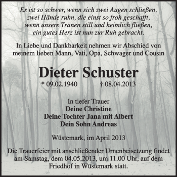 Traueranzeige von Dieter Schuster von WVG - Wochenspiegel Wittenberg