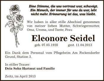Traueranzeige von Eleonore Seidel von Super Sonntag Zeitz