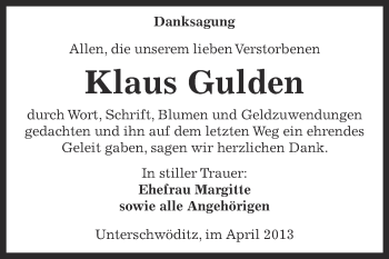 Traueranzeige von Klaus Gulden von Super Sonntag Zeitz