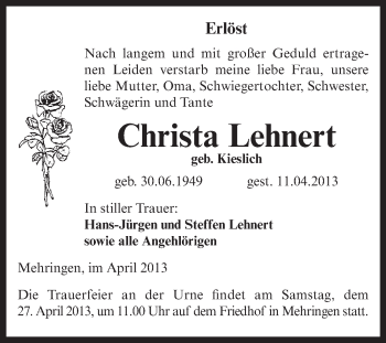 Traueranzeige von Christa Lehnert von WVG - Wochenspiegel Aschersleben