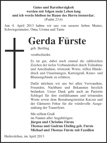 Traueranzeige von Gerda Fürste von WVG - Wochenspiegel Quedlinburg