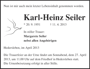 Traueranzeige von Karl-Heinz Seiler von WVG - Wochenspiegel Quedlinburg