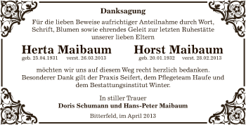 Traueranzeige von Herta und Horst Maibaum von WVG - Wochenspiegel Bitterfeld