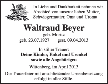 Traueranzeige von Waltraud Beyer von WVG - Wochenspiegel Wittenberg