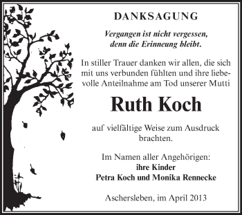 Traueranzeige von Ruth Koch von WVG - Wochenspiegel Aschersleben