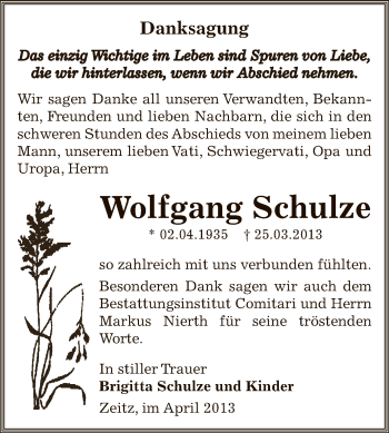 Traueranzeige von Wolfgang Schulze von Super Sonntag Zeitz