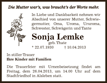 Traueranzeige von Sonja Lemke von Super Sonntag Bernburg