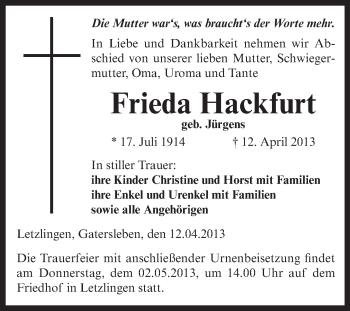 Traueranzeige von Frieda Hackfurt von Super Sonntag Aschersleben