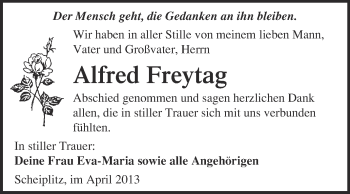 Traueranzeige von Alfred Freytag von WVG - Wochenspiegel NMB / WSF / ZTZ