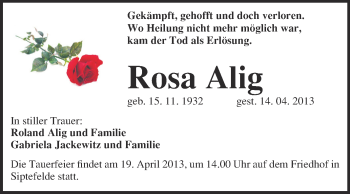 Traueranzeige von Rosa Alig von WVG - Wochenspiegel Quedlinburg