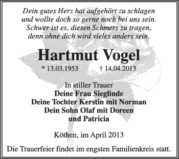Traueranzeige von Hartmut Vogel von Super Sonntag Dessau / Köthen
