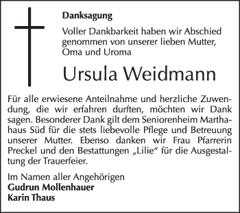Traueranzeige von Ursula Weidmann von Super Sonntag Dessau / Köthen
