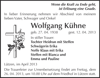 Traueranzeige von Wolfgang Kühne von Super Sonntag Merseburg