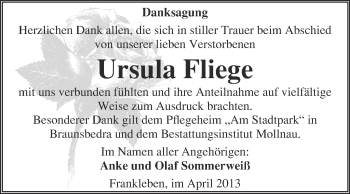 Traueranzeige von Ursula Fliege von WVG - Wochenspiegel Merseburg