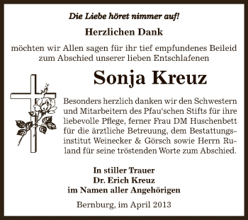 Traueranzeige von Sonja Kreuz von Super Sonntag Bernburg