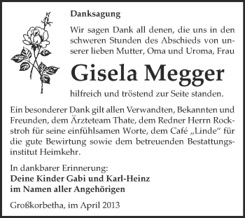 Traueranzeige von Gisela Megger von WVG - Wochenspiegel NMB / WSF / ZTZ