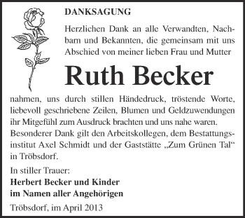 Traueranzeige von Ruth Becker von WVG - Wochenspiegel NMB / WSF / ZTZ