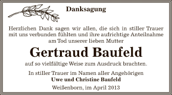 Traueranzeige von Gertraud Baufeld von Super Sonntag Zeitz