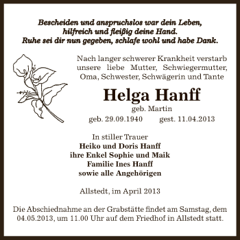 Traueranzeige von Helga Hanff von Super Sonntag SGH Mansf. Land