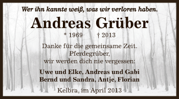Traueranzeige von Andreas Grüber von Super Sonntag SGH Mansf. Land
