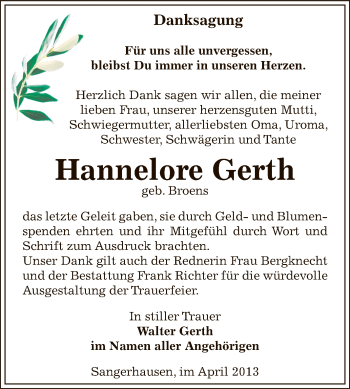 Traueranzeige von Hannelore Gerth von Super Sonntag SGH Mansf. Land