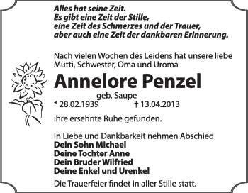 Traueranzeige von Annelore Penzel von Super Sonntag Dessau / Köthen