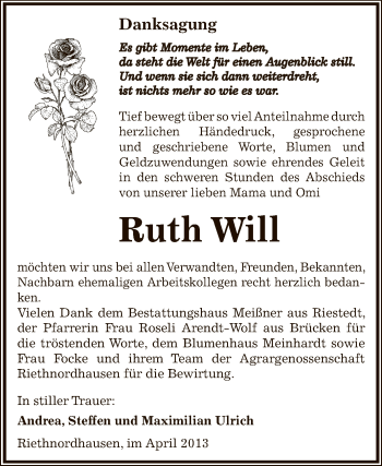 Traueranzeige von Ruth Will von Super Sonntag SGH Mansf. Land