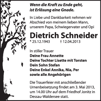 Traueranzeige von Dietrich Schneider von Super Sonntag Dessau / Köthen