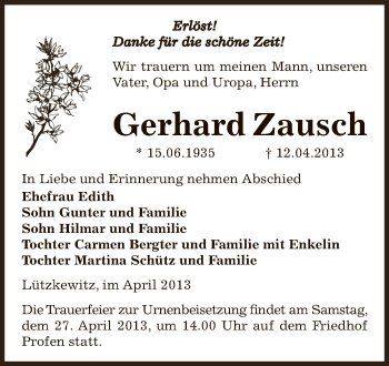 Traueranzeige von Gerhard Zausch von Super Sonntag Zeitz