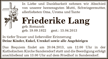 Traueranzeige von Friederike Lang von WVG - Wochenspiegel Bitterfeld