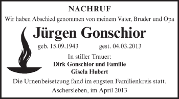 Traueranzeige von Jürgen Gonschior von WVG - Wochenspiegel Aschersleben
