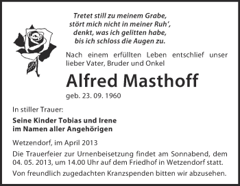 Traueranzeige von Alfred Masthoff von WVG - Wochenspiegel NMB / WSF / ZTZ