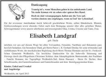 Traueranzeige von Elisabeth Landgraf von WVG - Wochenspiegel NMB / WSF / ZTZ