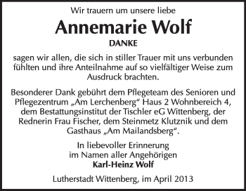 Traueranzeige von Annemarie Wolf von WVG - Wochenspiegel Wittenberg