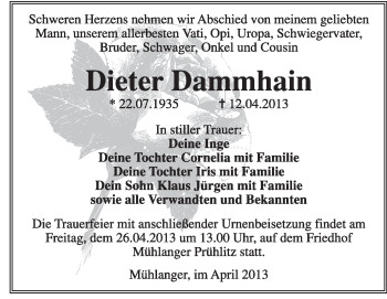 Traueranzeige von Dieter Dammhain von Super Sonntag Wittenberg