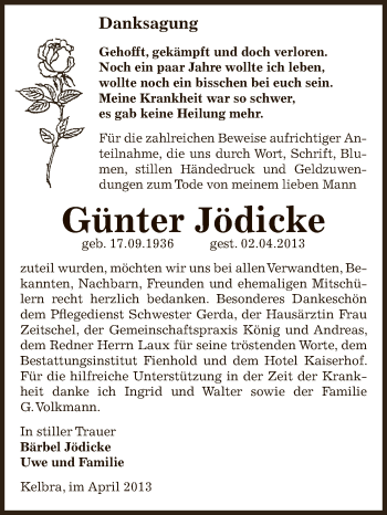 Traueranzeige von Günter Jödicke von Super Sonntag SGH Mansf. Land