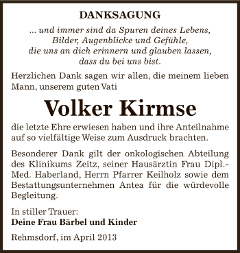 Traueranzeige von Volker Kirmse von Super Sonntag Zeitz