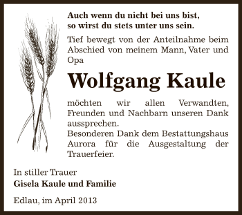 Traueranzeige von Wolfgang Kaule von Super Sonntag Bernburg