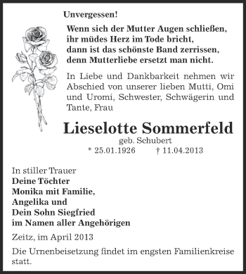 Traueranzeige von Lieselotte Sommerfeld von Super Sonntag Zeitz