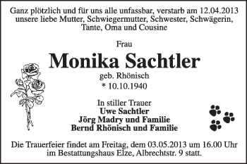 Traueranzeige von Monika Sachtler von Super Sonntag Dessau / Köthen