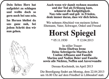 Traueranzeige von Horst Spiegel von Super Sonntag Dessau / Köthen