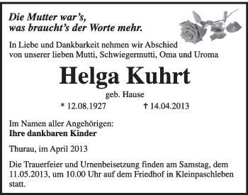 Traueranzeige von Helga Kuhrt von Super Sonntag Dessau / Köthen