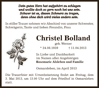 Traueranzeige von Christel Bolland von Super Sonntag Bernburg