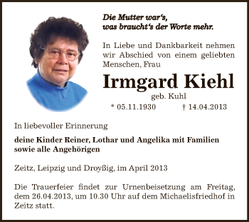 Traueranzeige von Irmgard Kiehl von Super Sonntag Zeitz