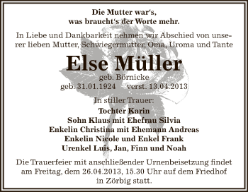 Traueranzeige von Else Müller von WVG - Wochenspiegel Bitterfeld