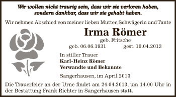 Traueranzeige von Irma Römer von Super Sonntag SGH Mansf. Land