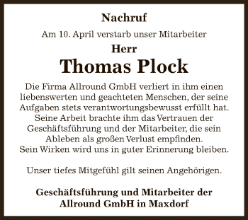 Traueranzeige von Thomas Plock von WVG - Wochenspiegel Dessau / Köthen