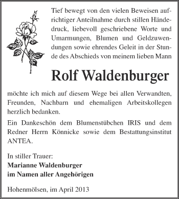 Traueranzeige von Rolf Waldenburger von WVG - Wochenspiegel NMB / WSF / ZTZ